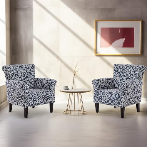 Upholstered Wingback Accent Chair, Fabric Armchair, Nailhead Trim High Back Patterned Corner Chair, Navy Blue/White E4944