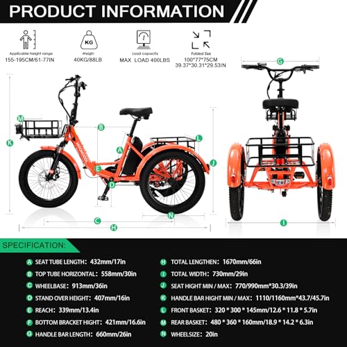 Electric Tricycle, Aluminum 20" E-Trike, 500W 48V 14.5Ah Lithium Battery, Front Suspension 3 Wheels Ebike, Front Basket Q98671