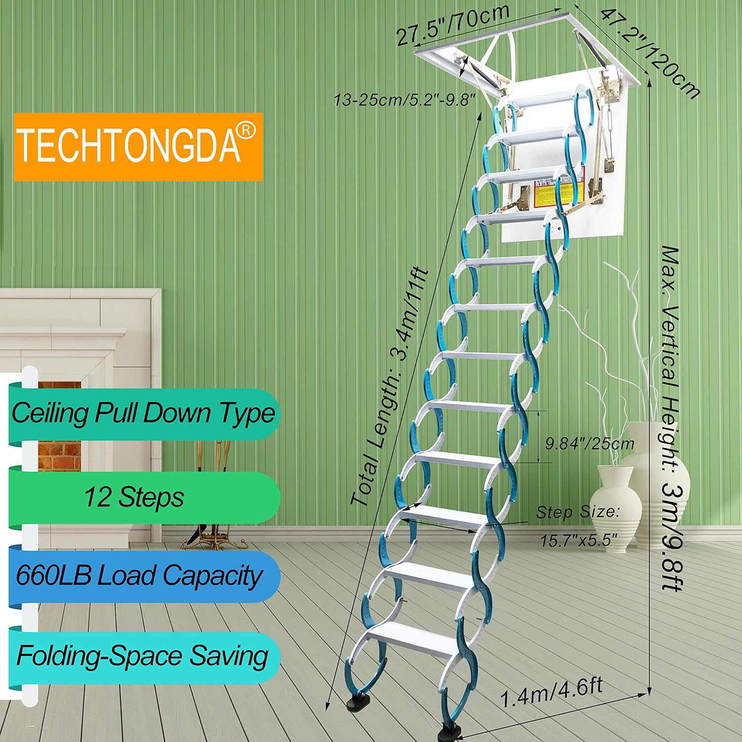 Blue Carbon Steel Folding Attic Ladder 9.8ft E80035
