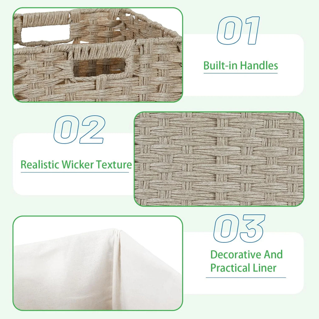 4-Pack Hand-Woven Imitation Wicker Cube Storage Bins with Liners Greyish Beige N202
