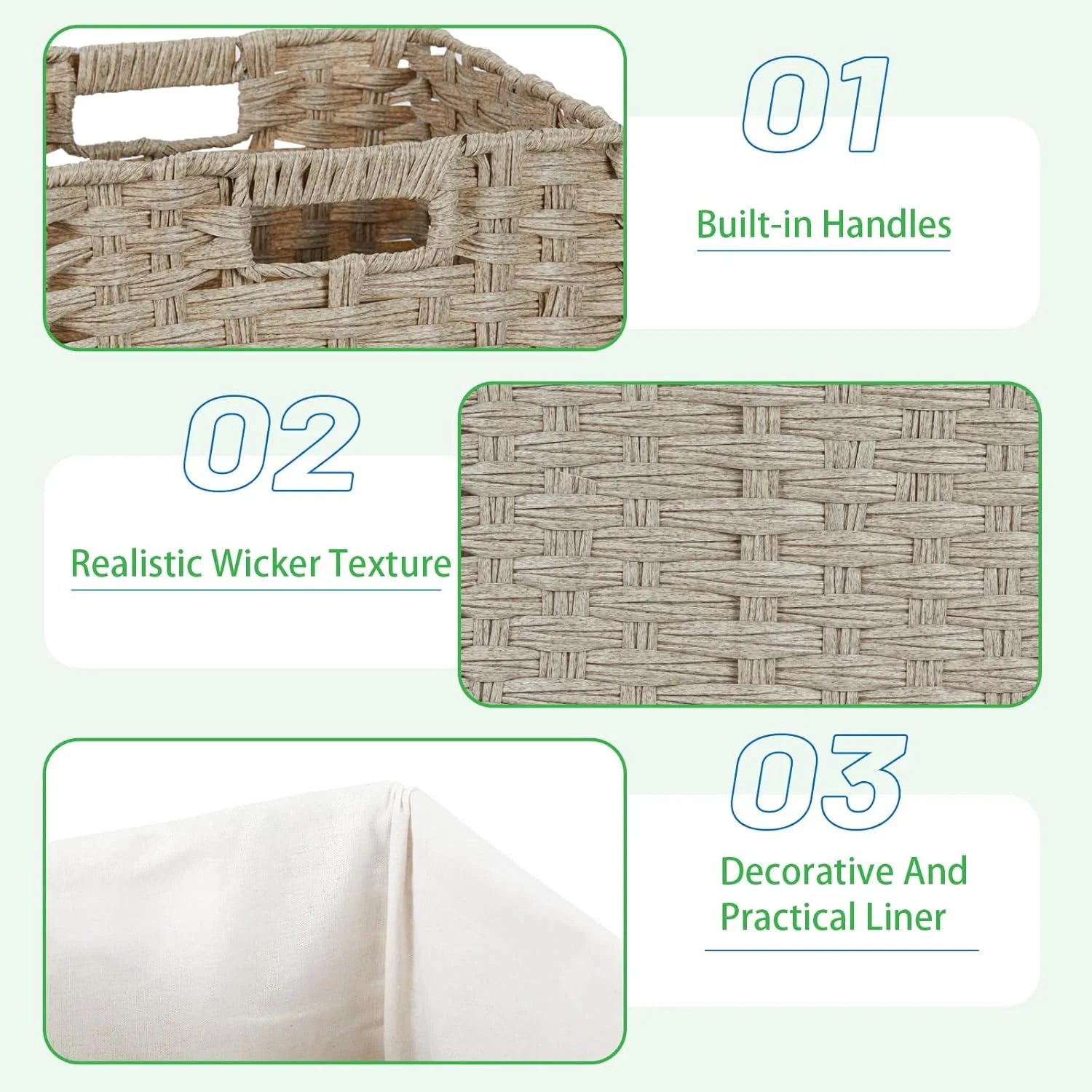 4-Pack Hand-Woven Imitation Wicker Cube Storage Bins with Liners Greyish Beige N202