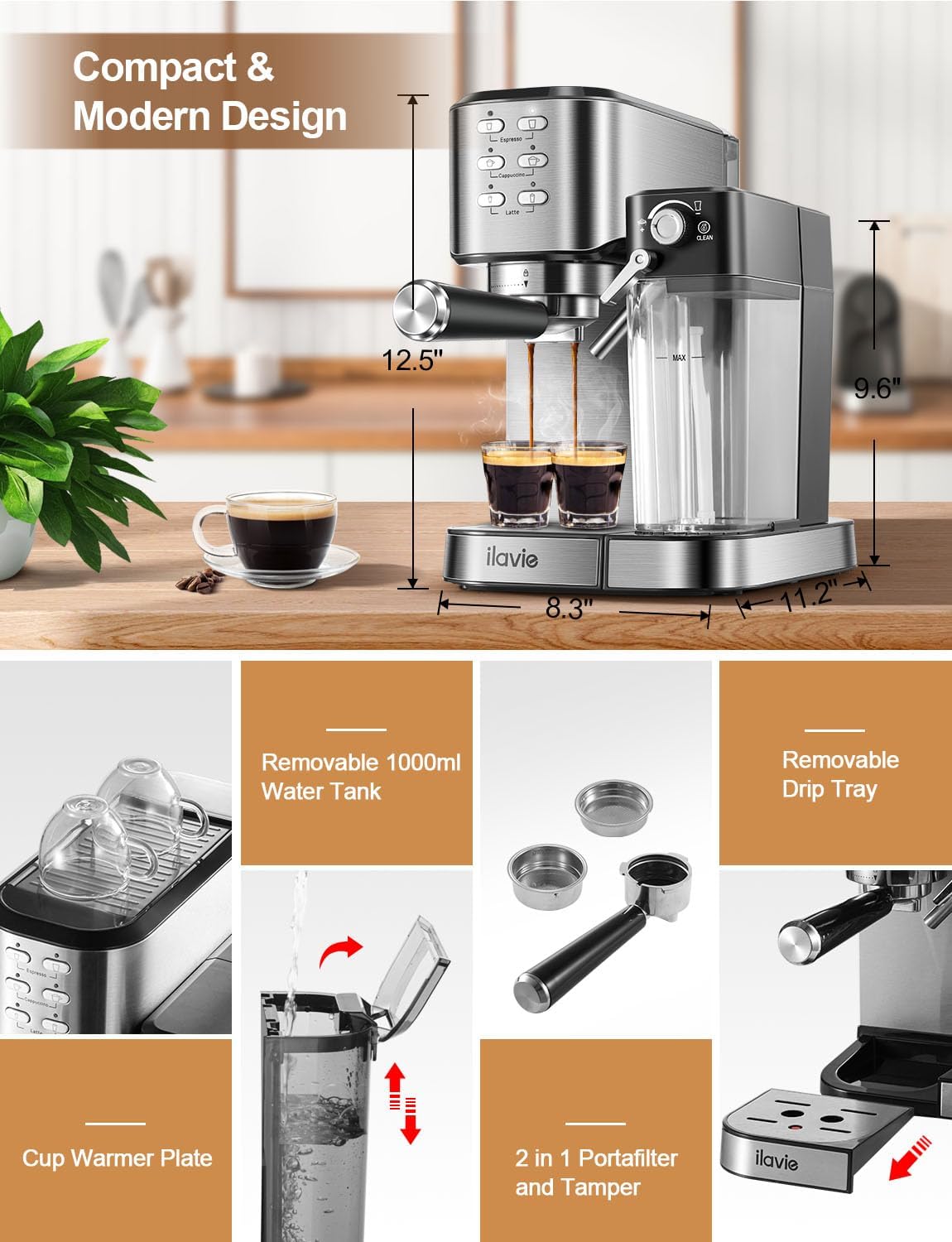 20 Bar 6 in 1 Espresso Coffee Machine with Milk Frother and 1000ML Water Tank Z55806