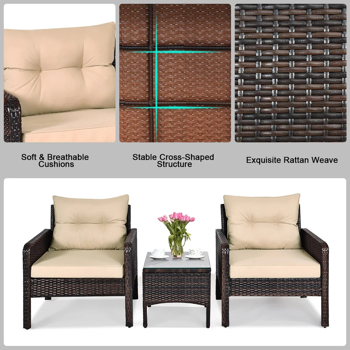 Brown 3PCS Patio Outdoor Rattan Furniture Set with Cushioned Chairs Coffee Table Q873