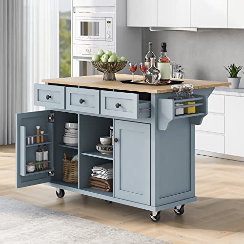Large Kitchen Island with 2 Drop Leaf, Rolling Kitchen Cart on 5 Wheels with Power Outlet, Folding Storage Dining Table with Spice & Towel Rack, 3 Drawers Z238980