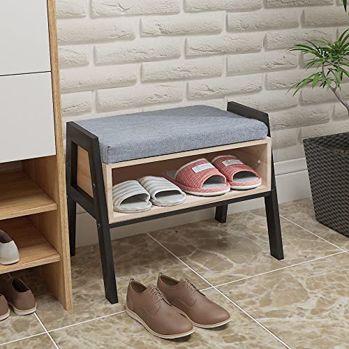 Small Entryway Bench with Cushion Seat, Wooden Shoe Rack, 15mm Maple Wood X796