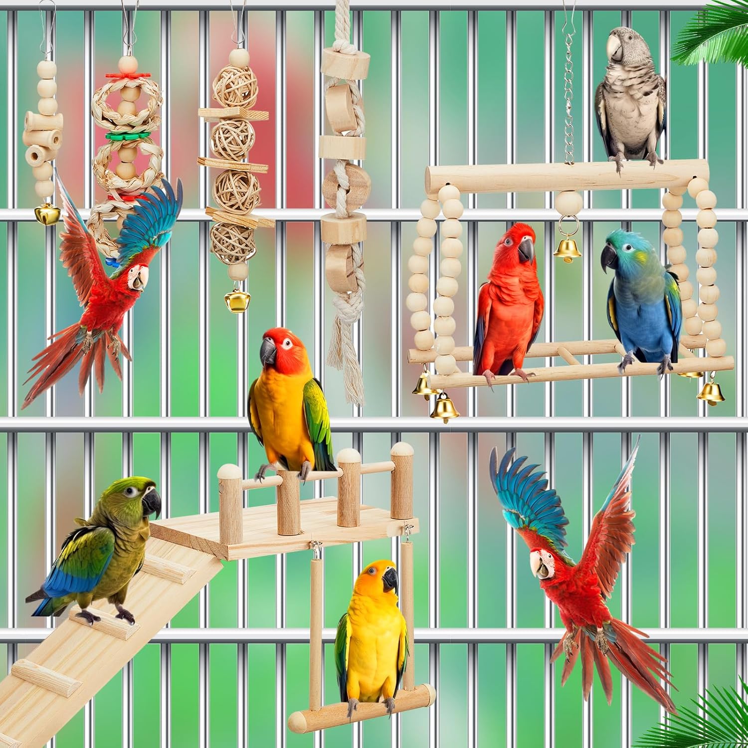 10 Pcs Parrot Swing Toys and Bird Perches Platform with Climbing Ladder Chewing Standing Hanging Parakeet Toys Bird Cage Accessories D107