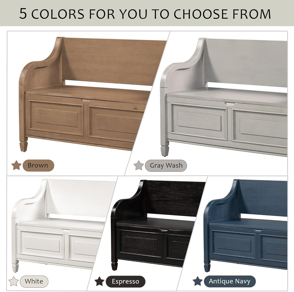 Rustic Storage Bench with Backrest and Hidden Storage, Gray Wash+Beige I28424