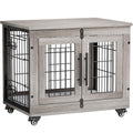 Grey Wooden Dog Crate 32'' with Cushion & Wheels Double Doors Q8314
