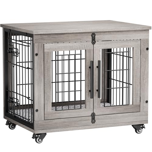 Grey Wooden Dog Crate 32'' with Cushion & Wheels Double Doors Q8314
