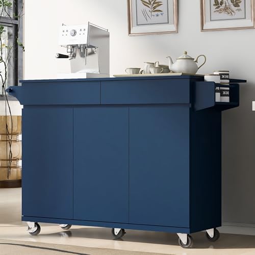 Large Kitchen Island with 2 Drop Leaf, Rolling Kitchen Cart on 5 Wheels with Power Outlet, Folding Storage Dining Table with Spice & Towel Rack, 3 Drawers Z238980