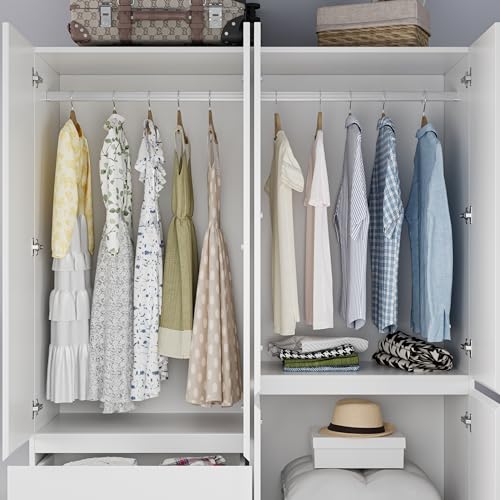White 4 Door 2 Drawers Wooden Armoire Wardrobe with Shelves and Hanging Rod E242441