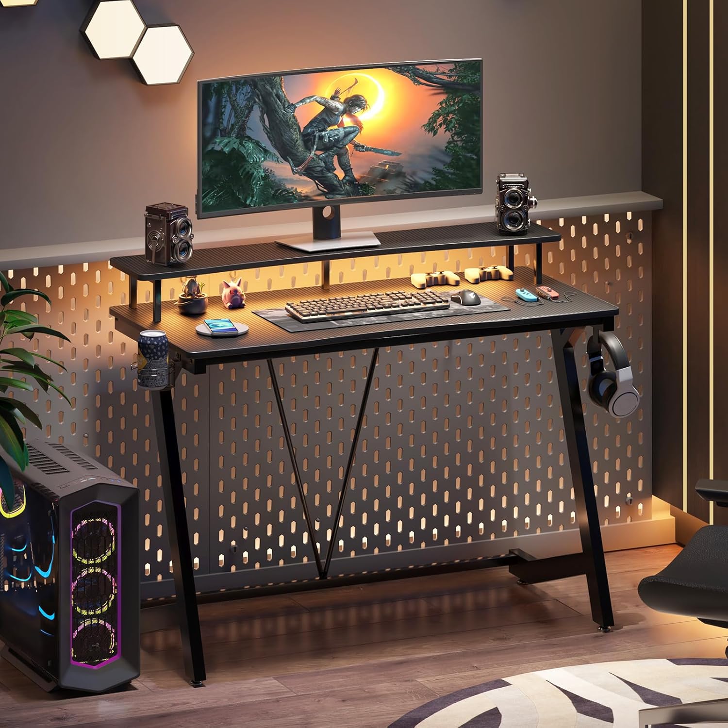 Gaming Desk with Power Outlets & Music Strip Lights, Large Monitor Stand Z617