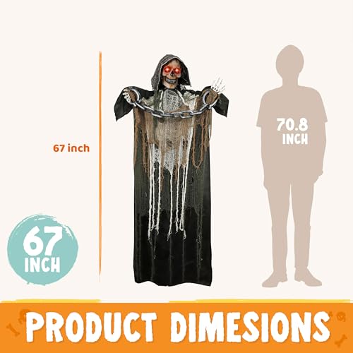 67" Halloween Animatronics Standing Pumpkin Ghost with Light-up Head, Movable Arms D911