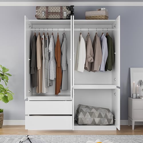 White 4 Door 2 Drawers Wooden Armoire Wardrobe with Shelves and Hanging Rod E242441