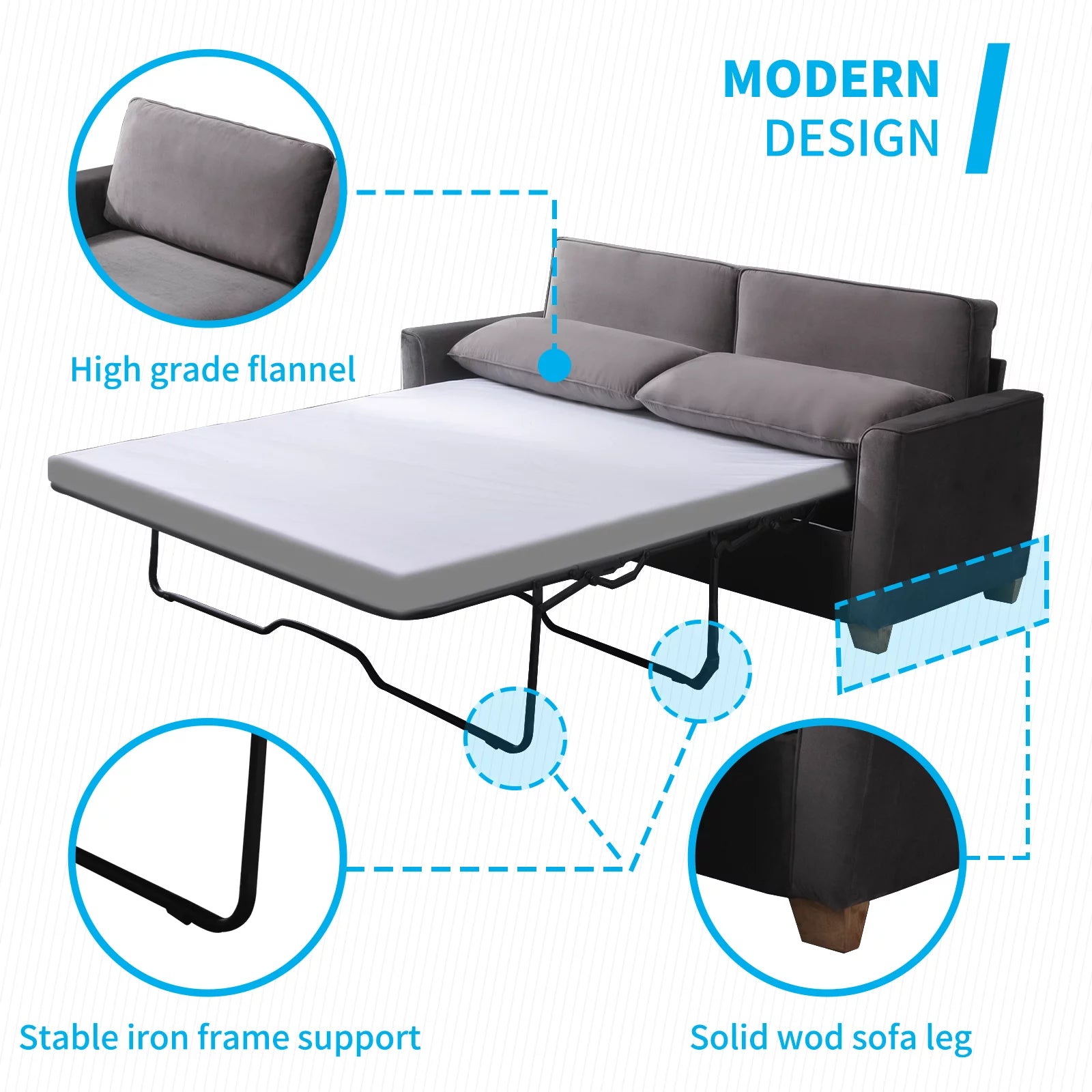 Queen Dark Grey Pull Out Sofa Bed with Memory Foam Mattress U9013
