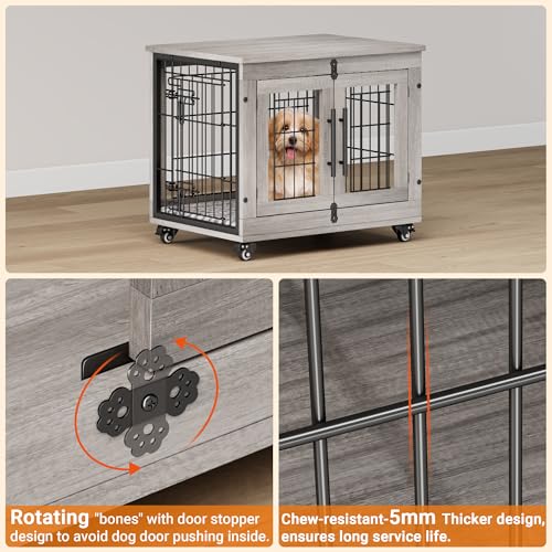 Grey Wooden Dog Crate 32'' with Cushion & Wheels Double Doors Q8314