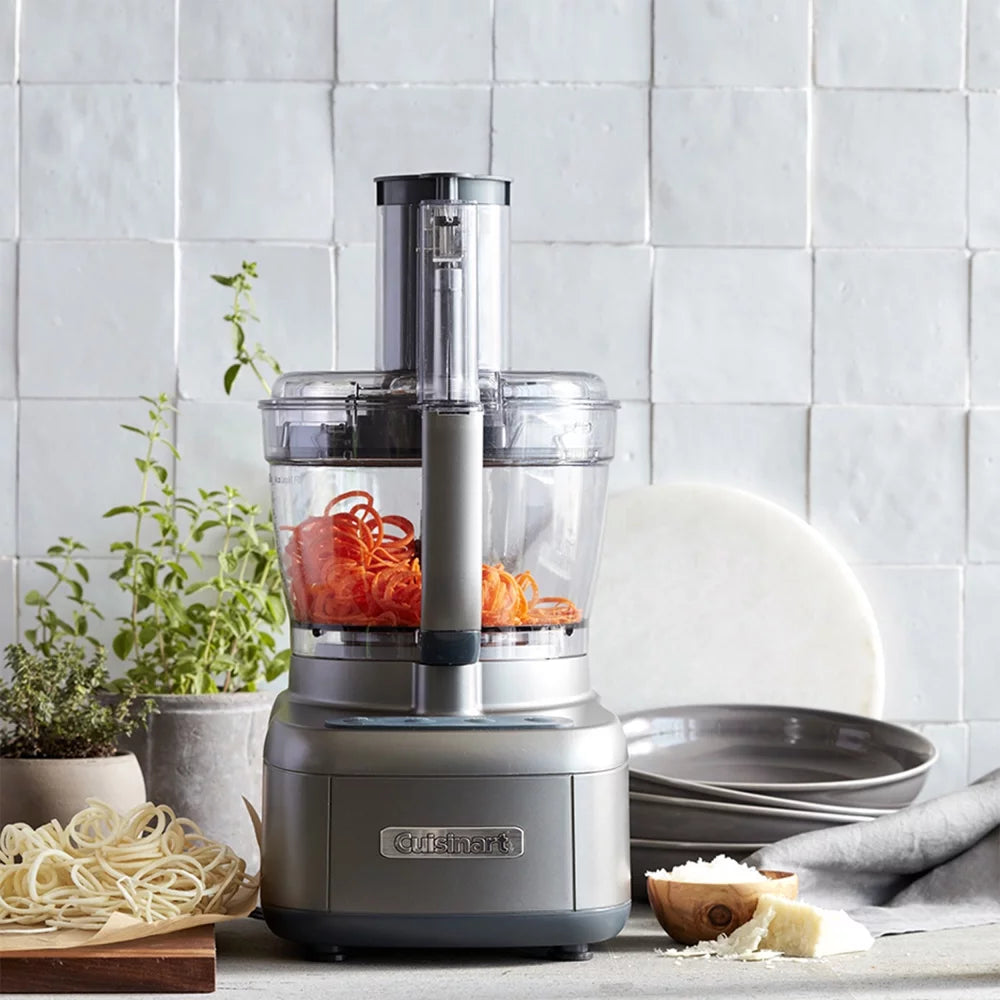 13-Cup Food Processor with Spiralizer and Dicer, Silver Bundle with 12 Piece Cutlery Set, Kitchen Timer and Red Oven Mitt K9483