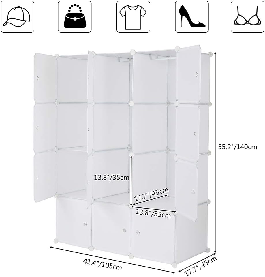 White 12 Cube Plastic Storage Shelves with Hanging Rod S29778