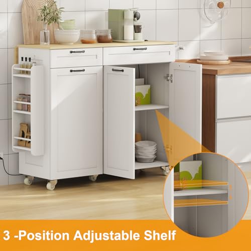 Rolling Kitchen Island with Power Outlet & Drop Leaf, Trash Storage Cabinet, Spice Rack & Towel Rack, Knife Holder Y445764