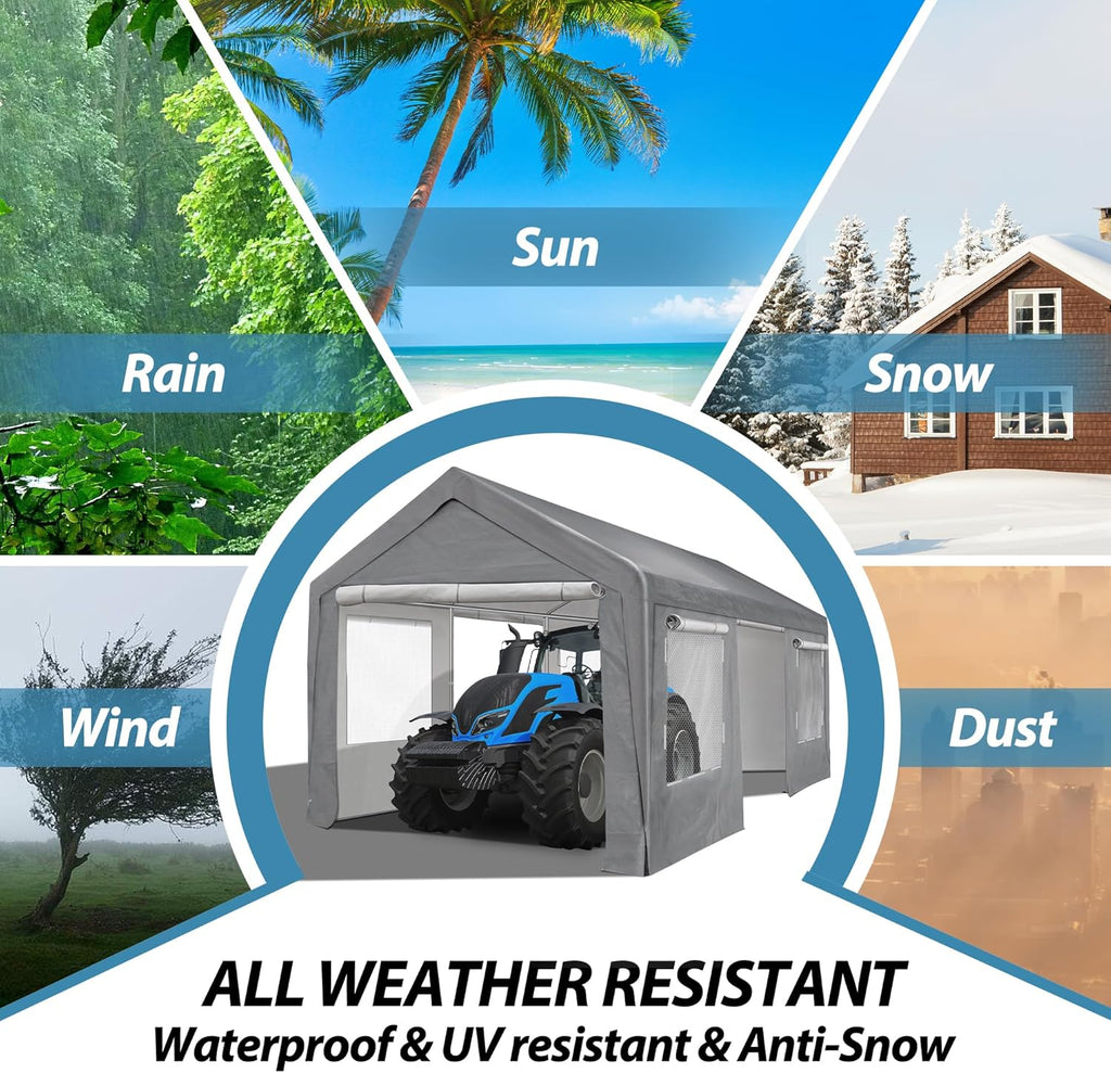 10'x20' Portable Carport Garage with Roll-up Doors and Windows M6214
