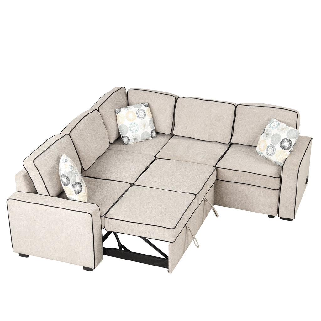 5 Seat L-Shaped Pull Out Sofa Bed with USB Ports, Cream D59172