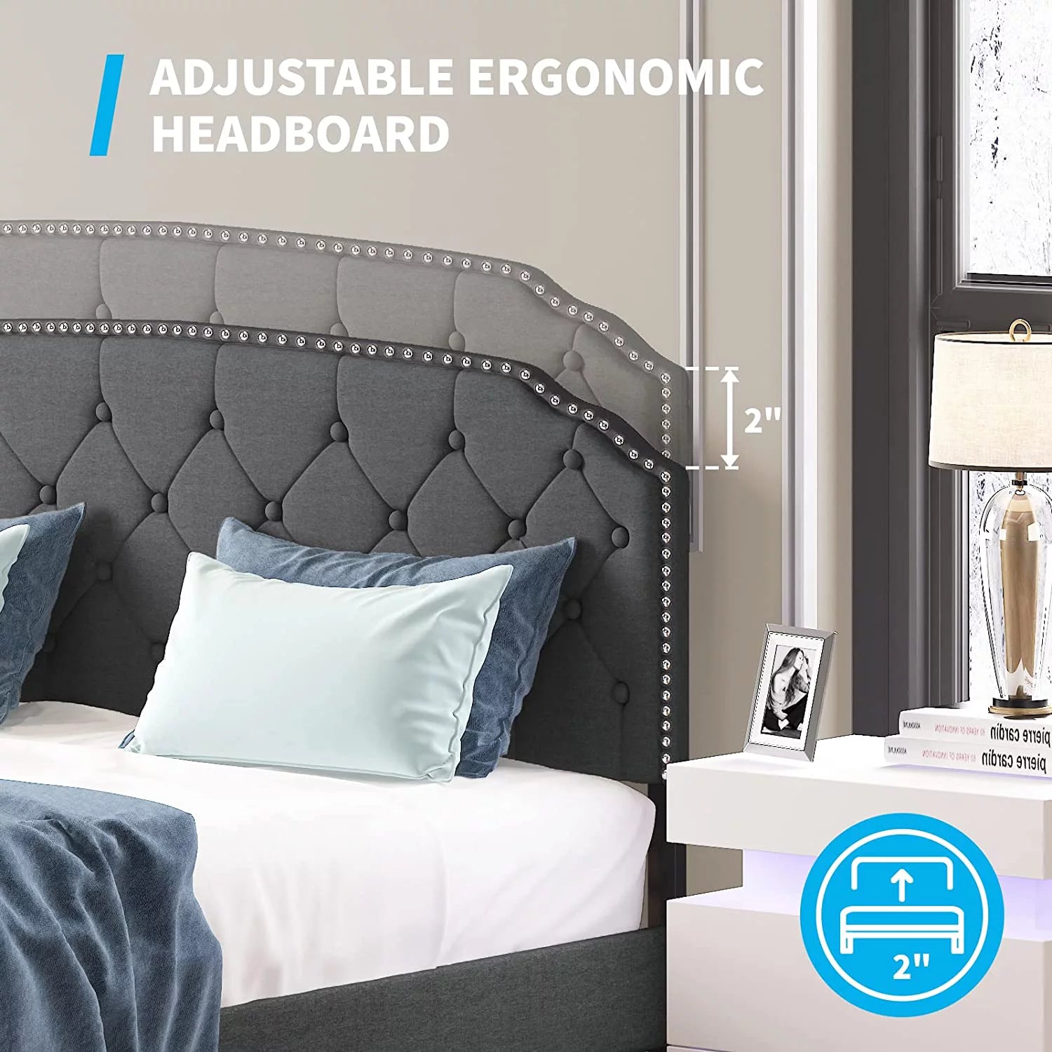 Queen Size Platform Bed Frame with Diamond Button Tufted Upholstered Headboard, Dark Grey F766