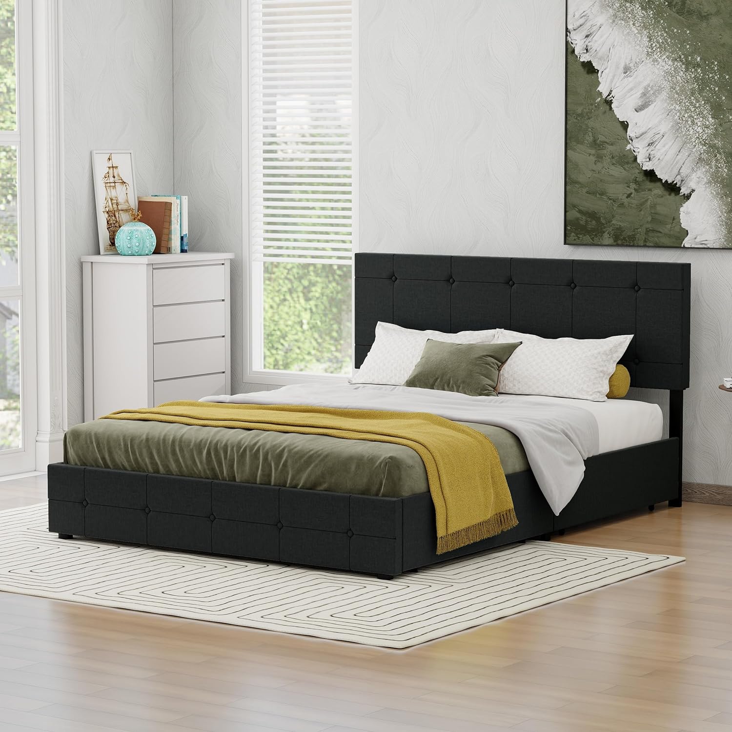 Black Linen Queen Size Platform Bed Frame with 4 Storage Drawers F9730