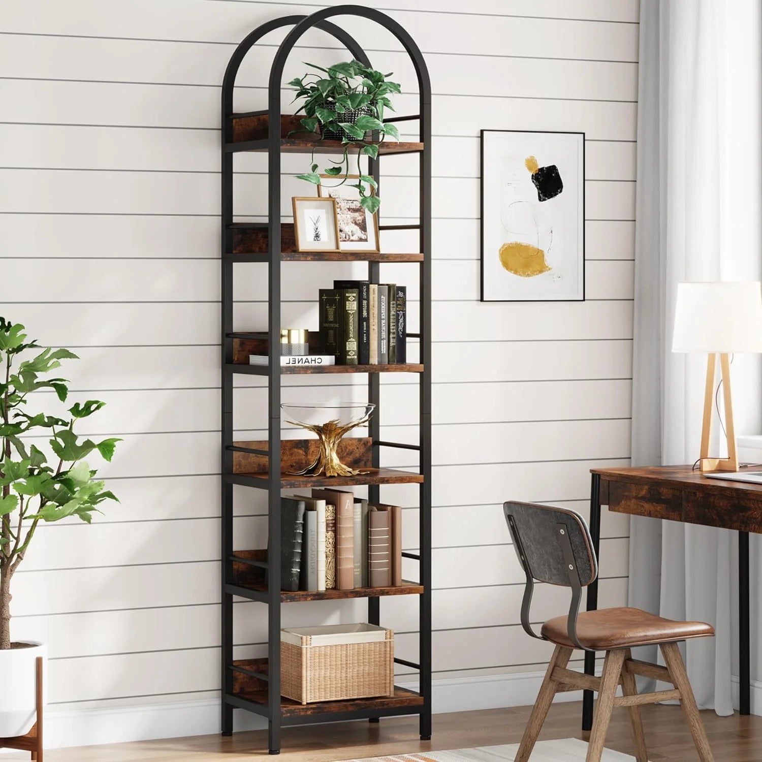 6-Tier Open Bookshelf, 78.7" Tall Arched Bookcase with Metal Frame, Rustic Brown A4183