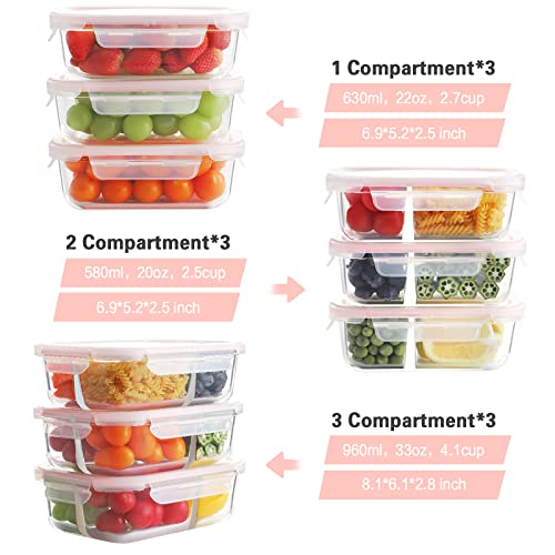 9 Pack Glass Meal Prep Containers with Lids E46389