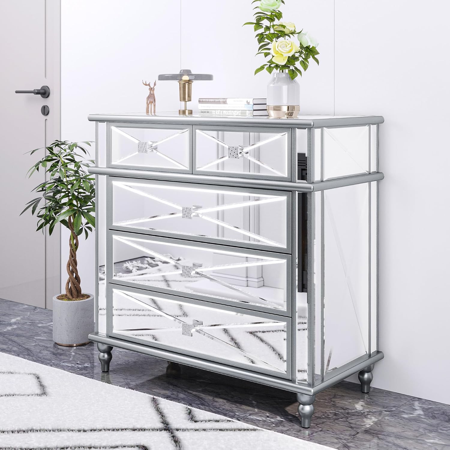 Silver Mirrored 5 Drawer Dresser with Wood Legs Z217