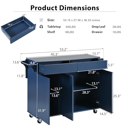 Large Kitchen Island with 2 Drop Leaf, Rolling Kitchen Cart on 5 Wheels with Power Outlet, Folding Storage Dining Table with Spice & Towel Rack, 3 Drawers Z238980