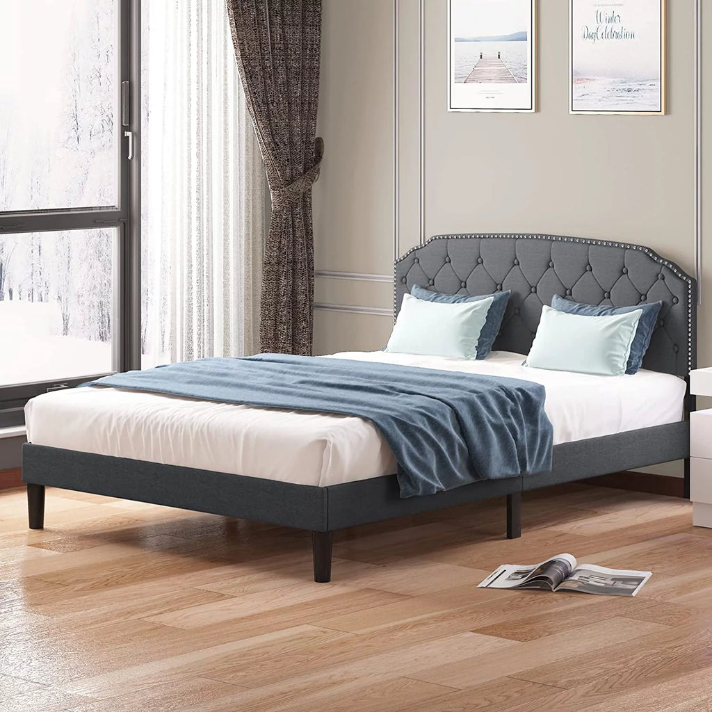 Queen Size Platform Bed Frame with Diamond Button Tufted Upholstered Headboard, Dark Grey F766