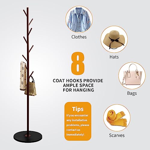 White Metal Coat Rack Stand with Marble Base and 8 Wooden Hooks W8781