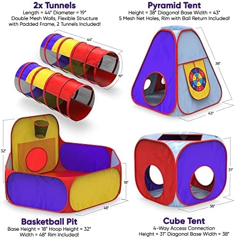 5pc Kids Playhouse Jungle Gym with Pop Up Tents, Tunnels, and Basketball Pit with Zipper Storage Case X354117