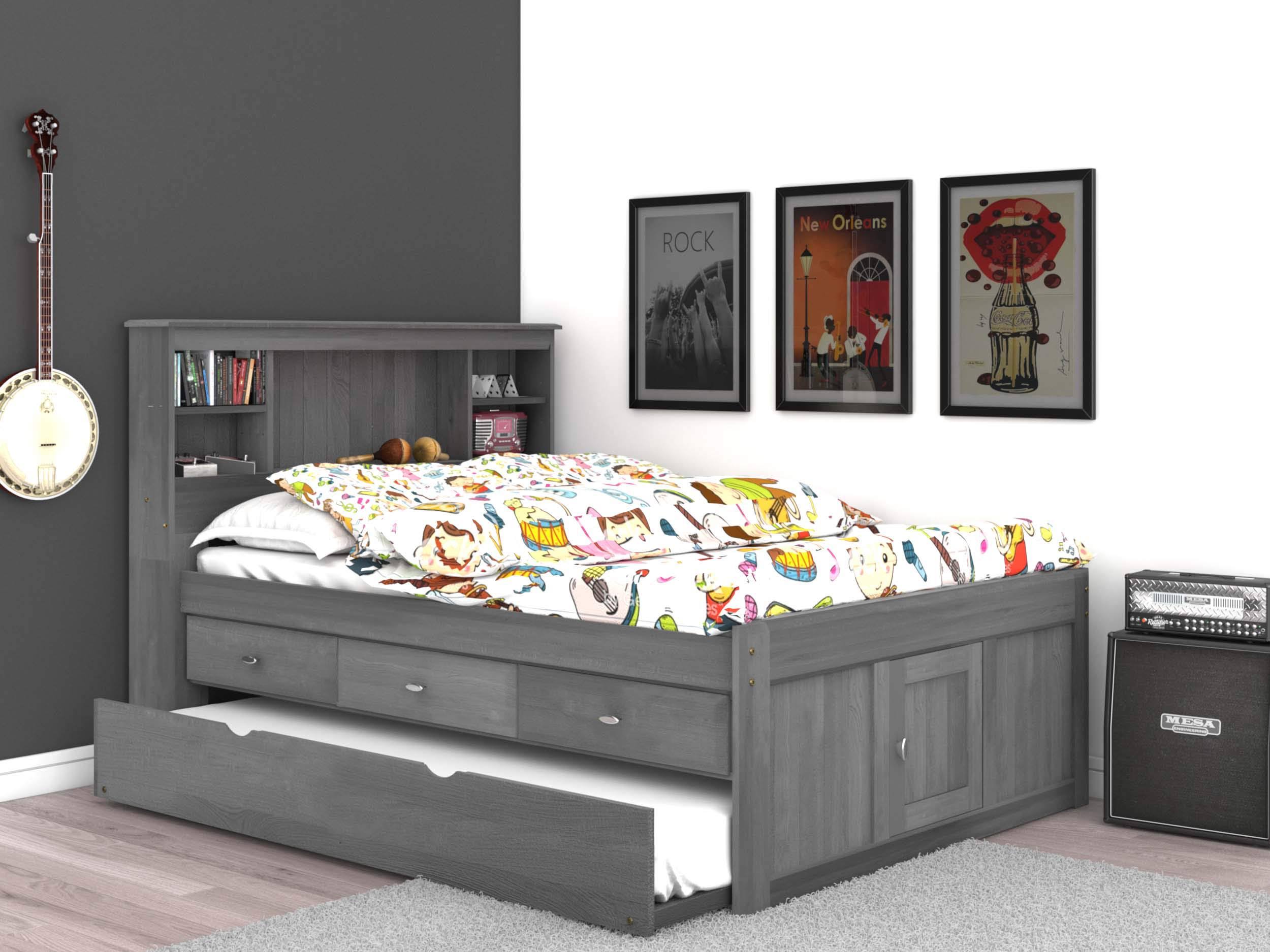 Charcoal Full Bookcase Bed with 3 Drawers and Trundle A6057
