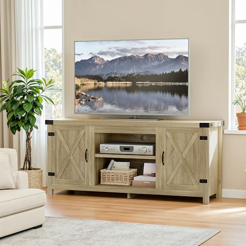 Gray Wash TV Stand with Two Barn Doors and Storage Cabinets E97307