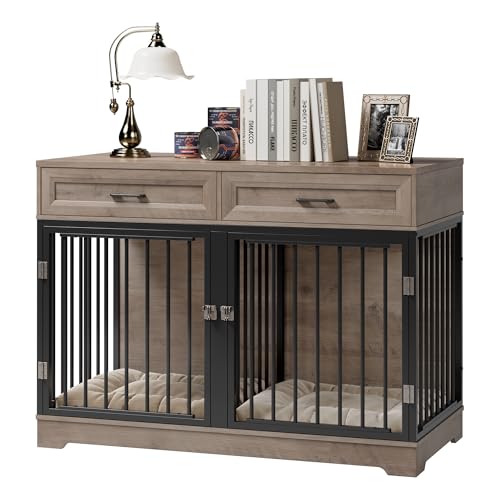 White Wooden Dog Crate with Removable Divider and 2 Storage Drawers H839564