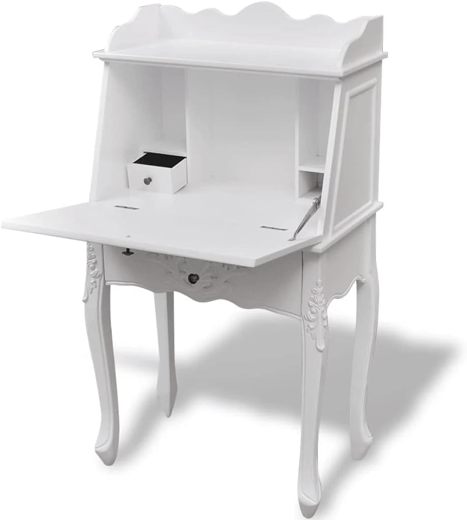 White Carved Wooden Secretary Desk L264232
