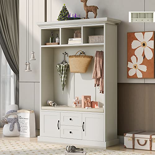 Beige 3-in-1 Wood Hall Tree Coat Hanger with Storage Bench B5028