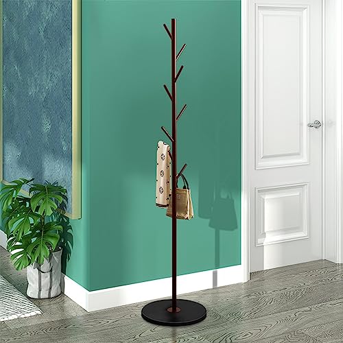 White Metal Coat Rack Stand with Marble Base and 8 Wooden Hooks W8781