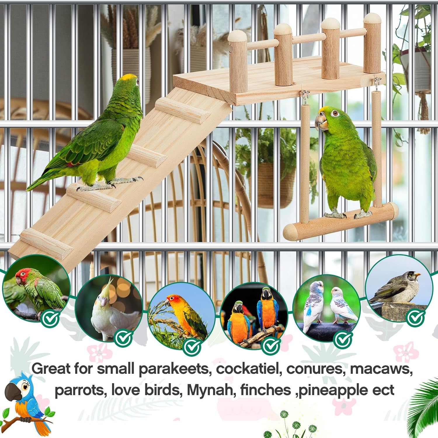 10 Pcs Parrot Swing Toys and Bird Perches Platform with Climbing Ladder Chewing Standing Hanging Parakeet Toys Bird Cage Accessories D107