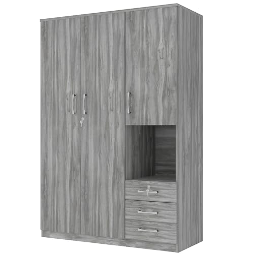 Grey 3 Door Wooden Wardrobe Closet with Drawers and Hanging Rail X2355
