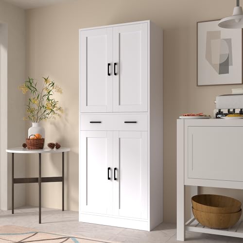White 71" Tall Kitchen Storage Cabinet with doors and drawer Z540