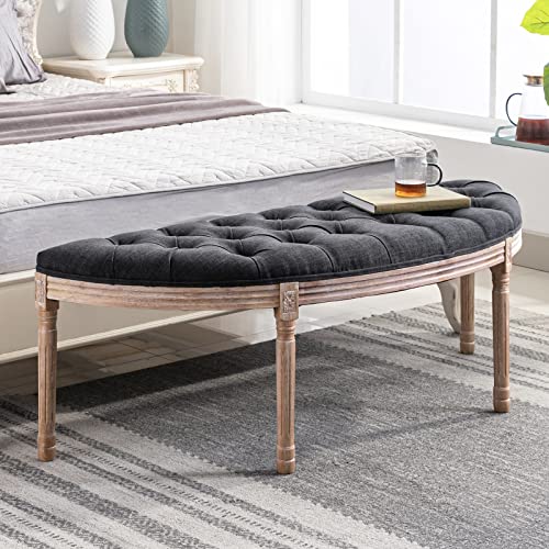 Beige Upholstered Half Moon Bench with Rubberwood Legs J4879
