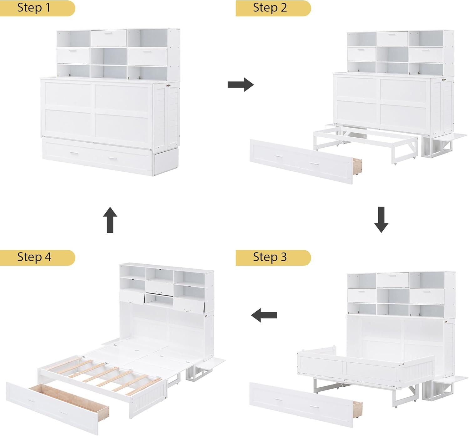White Queen Size Murphy Bed with Bookcase and Drawer I61642