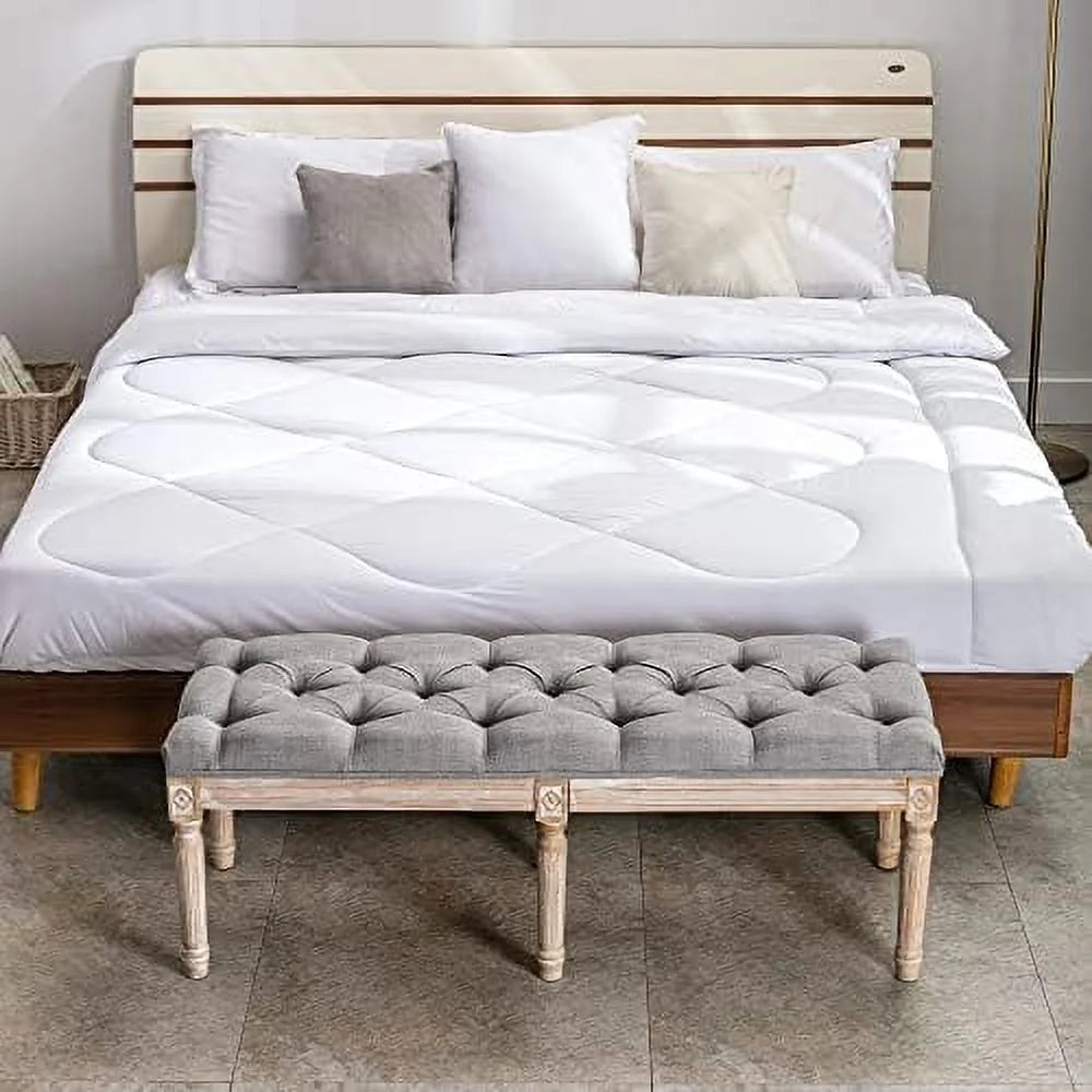 Grey Fabric Entryway Bench with Button Tufted Seat and Rustic Wood Legs K79941