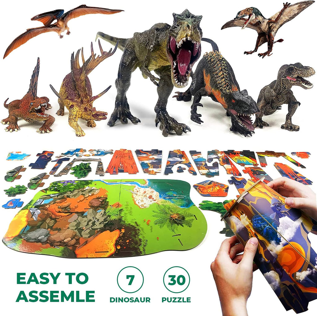Realistic Dinosaur Toys, Large Dinosaur Figure Sets Including Movable T-Rex, Triceratops, Indoraptor and 3D Volcano Puzzles N199