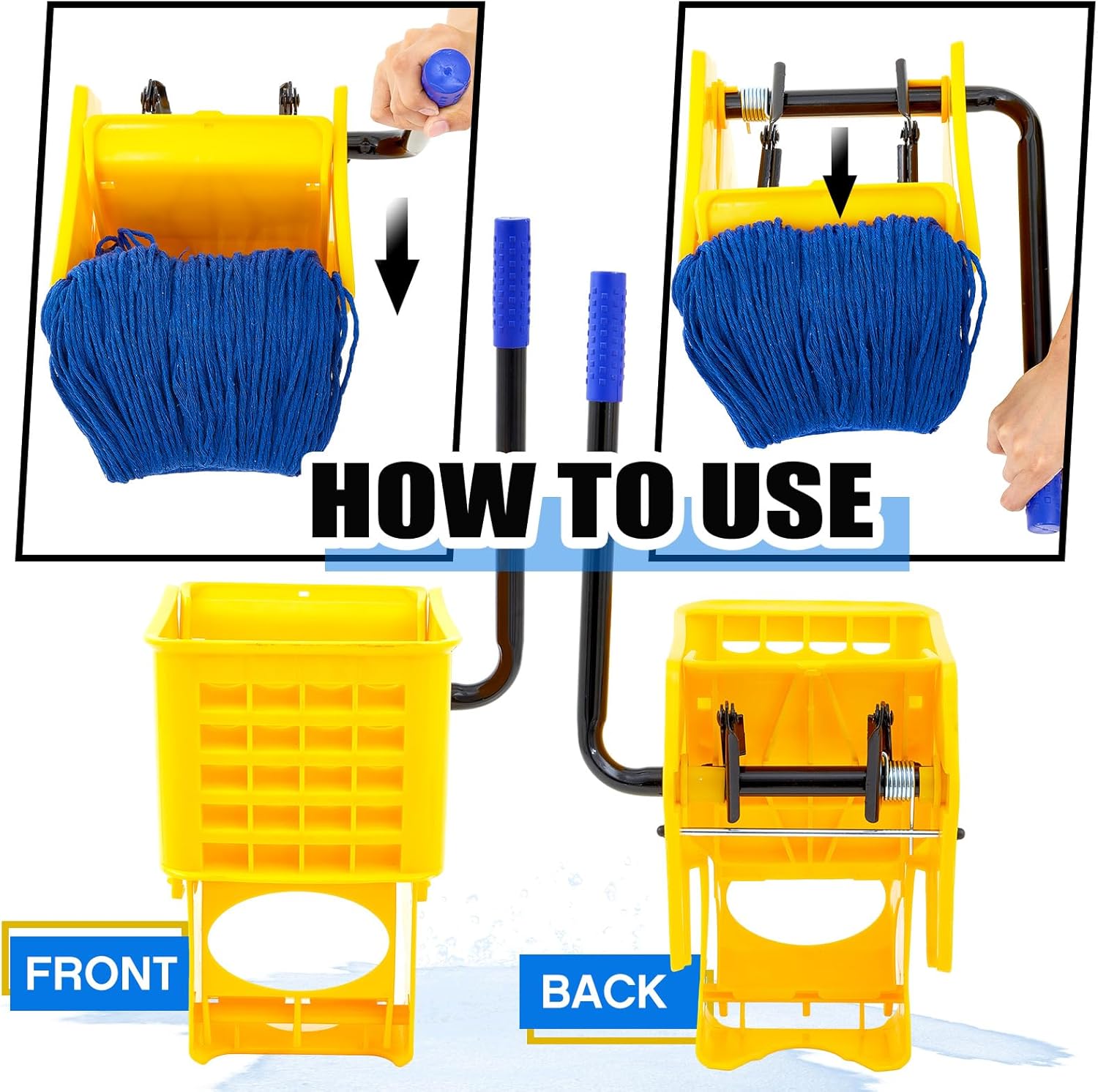 Yellow Mop Wringer with Handle, Blue Mop Head Refill W8117