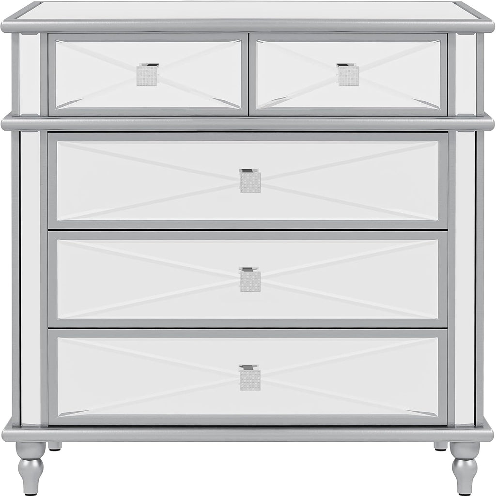 Silver Mirrored 5 Drawer Dresser with Wood Legs Z217