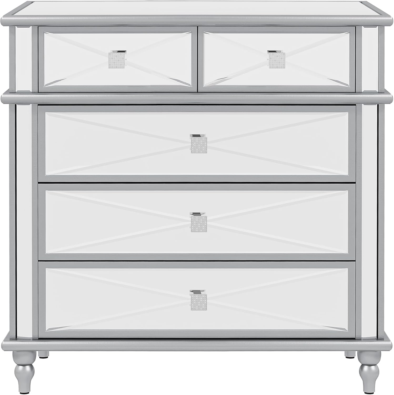 Silver Mirrored 5 Drawer Dresser with Wood Legs Z217
